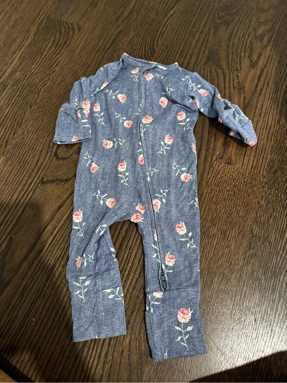 Denim-Style Pink Rose Zip Baby Footie